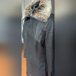 Danier Black Leather Jacket with Fur Trim